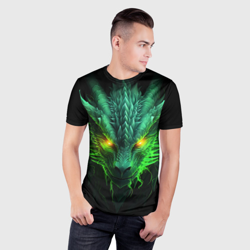 Мужская футболка 3D Slim Светящийся зеленый дракон  2024, цвет 3D печать - фото 3