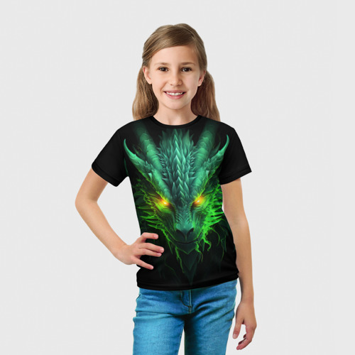 Детская футболка 3D Светящийся зеленый дракон  2024, цвет 3D печать - фото 5