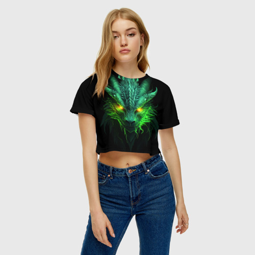 Женская футболка Crop-top 3D Светящийся зеленый дракон  2024, цвет 3D печать - фото 4