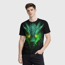 Мужская футболка 3D Светящийся зеленый дракон  2024 - фото 2