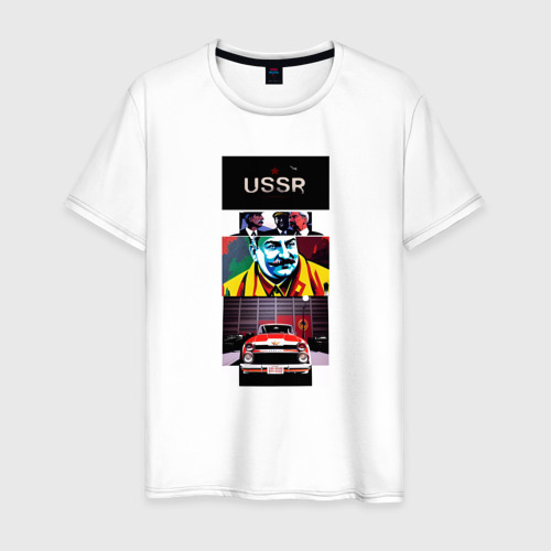 Мужская футболка из хлопка с принтом Арт Иосиф Сталин и автопром СССР, вид спереди №1