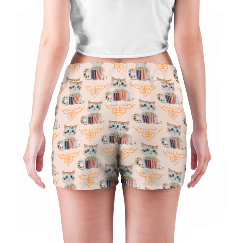 Женские шорты 3D с принтом Котенок с попкорном и сердечко завитушка, вид сзади #2