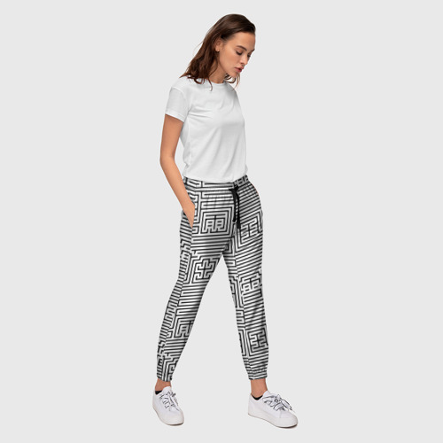 Женские брюки 3D с принтом Лабиринт с иероглифами на белом, вид сбоку #3
