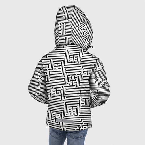 Зимняя куртка для мальчиков 3D с принтом Лабиринт с иероглифами на белом, вид сзади #2