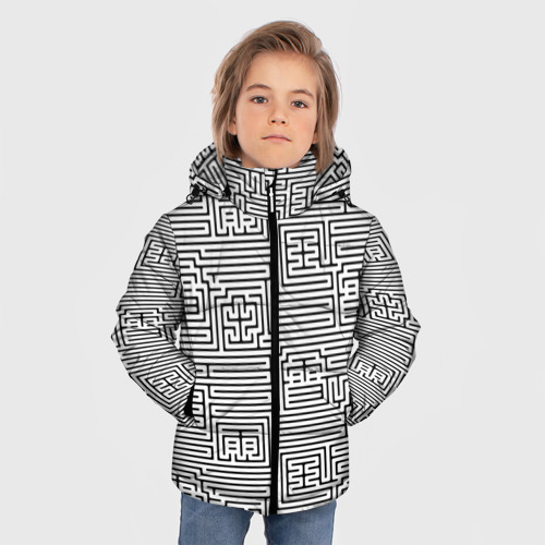 Зимняя куртка для мальчиков 3D с принтом Лабиринт с иероглифами на белом, фото на моделе #1
