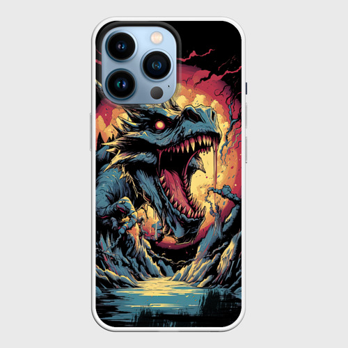 Чехол для iPhone 14 Pro с принтом Мифический зверь на темном фоне, вид спереди №1