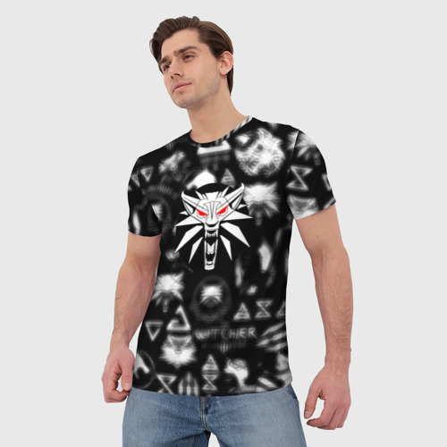 Мужская футболка 3D с принтом Ведьмак логотипы серые, фото на моделе #1