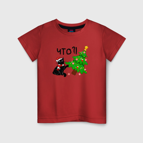 Детская футболка хлопок Новогодний котик роняет ёлку, цвет красный
