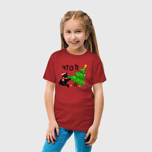 Детская футболка хлопок Новогодний котик роняет ёлку, цвет красный - фото 5