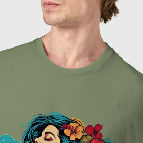 Мужская футболка хлопок Девушка с голубыми волосами и цветами, цвет авокадо - фото 6