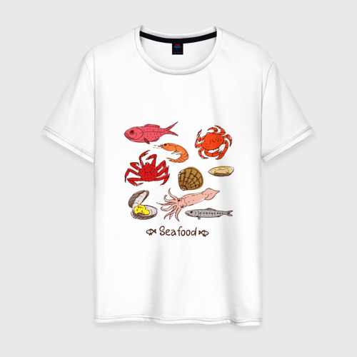 Мужская футболка из хлопка с принтом Разные морские гады дорадо рыбка краб мидия, вид спереди №1