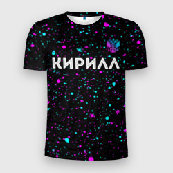 Мужская футболка 3D Slim Кирилл и неоновый герб России посередине