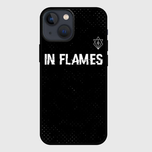 Чехол для iPhone 13 mini с принтом In Flames glitch на темном фоне посередине, вид спереди #2