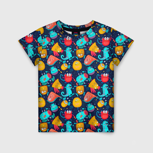 Детская футболка 3D с принтом Мультяшные цветные монстрики, вид спереди #2