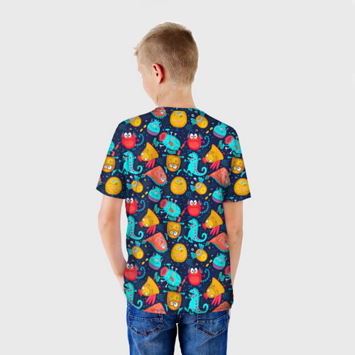 Детская футболка 3D с принтом Мультяшные цветные монстрики, вид сзади #2