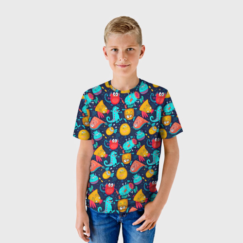 Детская футболка 3D с принтом Мультяшные цветные монстрики, фото на моделе #1