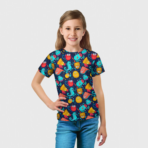 Детская футболка 3D с принтом Мультяшные цветные монстрики, вид сбоку #3