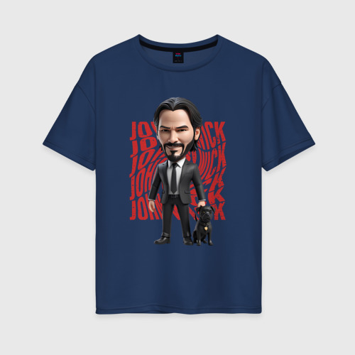 Женская футболка хлопок Oversize John Wick Chibi with dog, цвет темно-синий