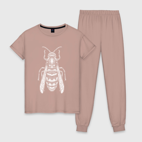 Женская пижама хлопок с принтом Пчела гравюра белая, вид спереди #2