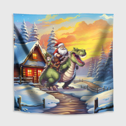 Скатерть с принтом Санта едет на драконе для любого человека, вид спереди №2. Цвет основы: белый