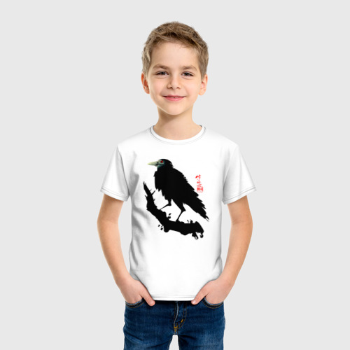 Детская футболка хлопок Ворон на ветке сливы, цвет белый - фото 3