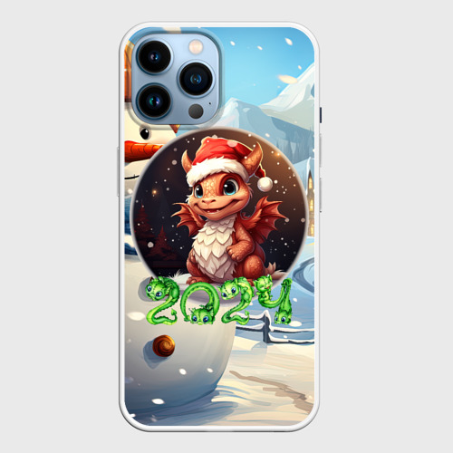 Чехол для iPhone 14 Pro Max с принтом Милый дракон на зимнем фоне, вид спереди №1