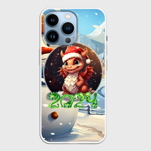 Чехол для iPhone 14 Pro с принтом Милый дракон на зимнем фоне, вид спереди №1