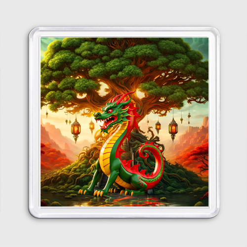 Магнит 55*55 Древесный зеленый дракон