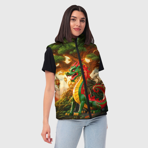 Женский жилет утепленный 3D Древесный зеленый дракон, цвет красный - фото 3