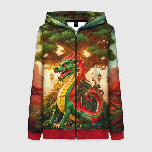 Женская толстовка 3D на молнии Древесный зеленый дракон, цвет красный
