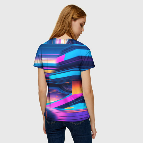 Женская футболка 3D с принтом Киберпанк  - спорткар в неоновом городе, вид сзади #2