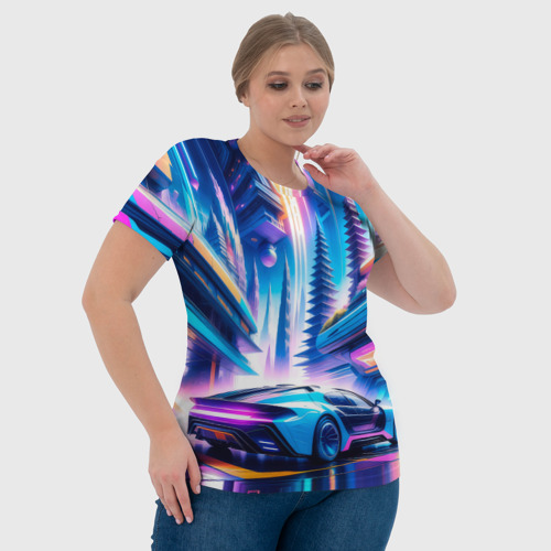 Женская футболка 3D с принтом Киберпанк  - спорткар в неоновом городе, фото #4