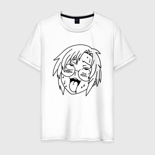 Мужская футболка из хлопка с принтом Пошлая аниме девочка в очках - ахегао, вид спереди №1