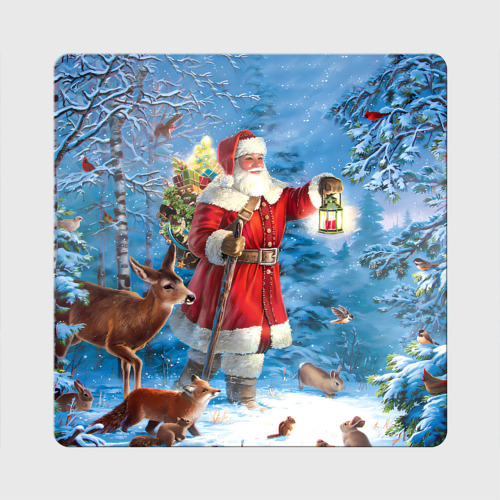 Магнит виниловый Квадрат Дед Мороз в лесу с животными