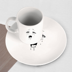 Набор: тарелка кружка с принтом Аниме тян кайфует - ахегао для любого человека, вид спереди №3. Цвет основы: белый