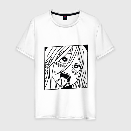 Мужская футболка из хлопка с принтом Пошлая аниме девочка-ахегао с языком слюни, вид спереди №1