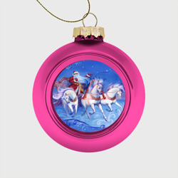 Стеклянный ёлочный шар Дед Мороз и тройка лошадей