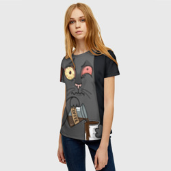 Женская футболка 3D Котик с гримасой и кофе - фото 2