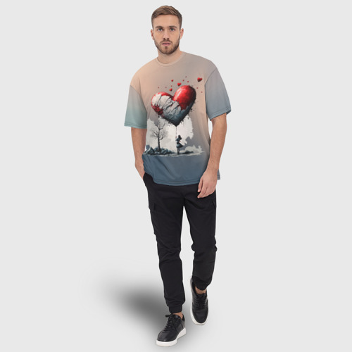 Мужская футболка oversize 3D Разбитое сердце на веревочке, цвет 3D печать - фото 5