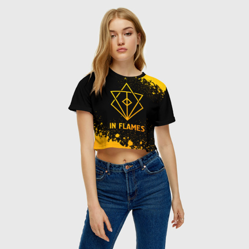 Женская футболка Crop-top 3D In Flames - gold gradient, цвет 3D печать - фото 4