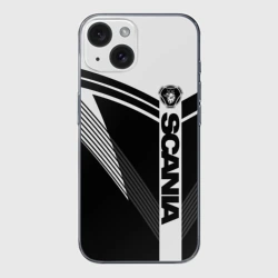Чехол для iPhone 15 силиконовый с защитой камеры Scania логотип на абстрактном фоне