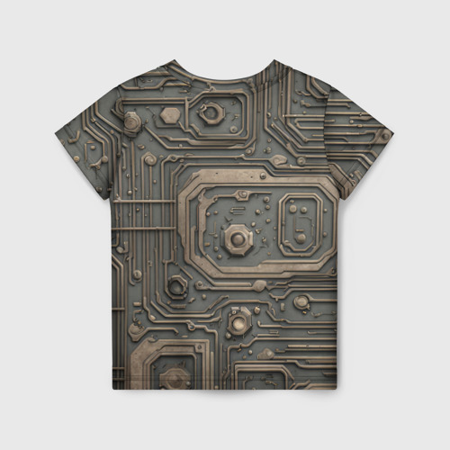 Детская футболка 3D с принтом Металлическая ржавая обшивка с микросхемами и гайками, вид сзади #1