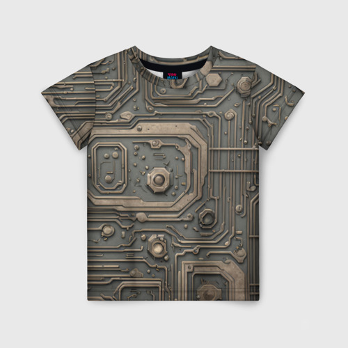 Детская футболка 3D с принтом Металлическая ржавая обшивка с микросхемами и гайками, вид спереди #2