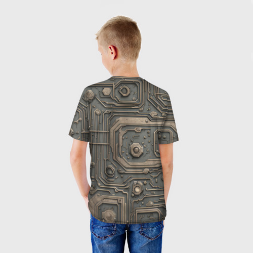 Детская футболка 3D с принтом Металлическая ржавая обшивка с микросхемами и гайками, вид сзади #2