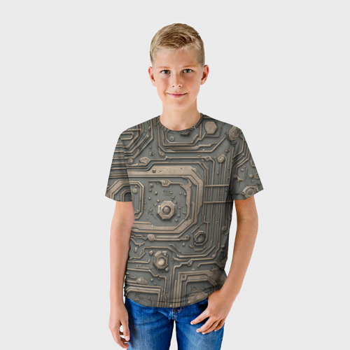 Детская футболка 3D с принтом Металлическая ржавая обшивка с микросхемами и гайками, фото на моделе #1
