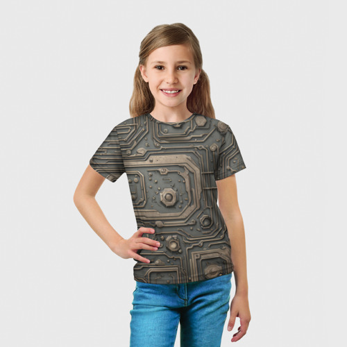 Детская футболка 3D с принтом Металлическая ржавая обшивка с микросхемами и гайками, вид сбоку #3