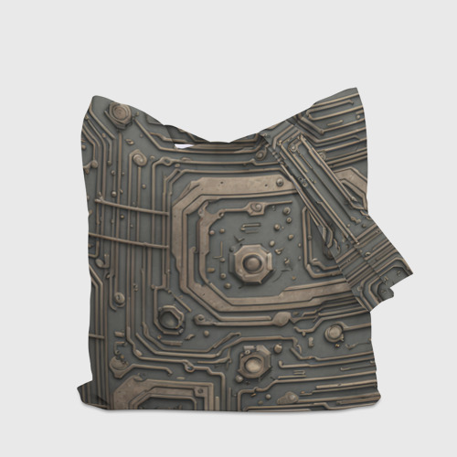 Шоппер 3D с принтом Металлическая ржавая обшивка с микросхемами и гайками, вид сзади #2