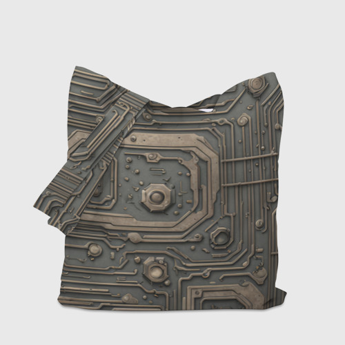 Шоппер 3D с принтом Металлическая ржавая обшивка с микросхемами и гайками, вид сбоку #3