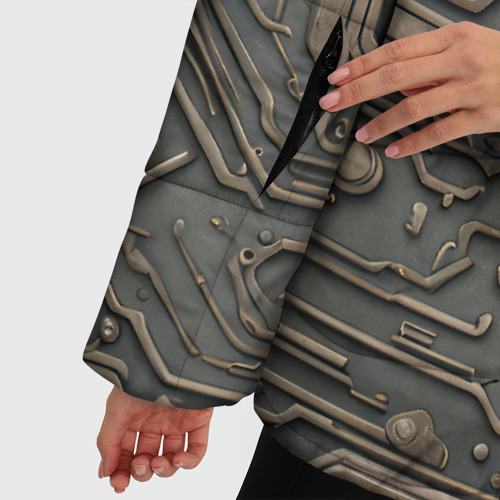 Женская зимняя куртка Oversize Металлическая ржавая обшивка с микросхемами и гайками, цвет черный - фото 6