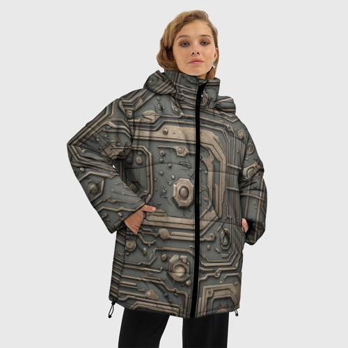 Женская зимняя куртка Oversize Металлическая ржавая обшивка с микросхемами и гайками, цвет черный - фото 3